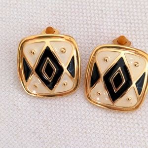 Vintage PREMIER DESIGNS Enamel Gold tone earrings square black cream clip ons